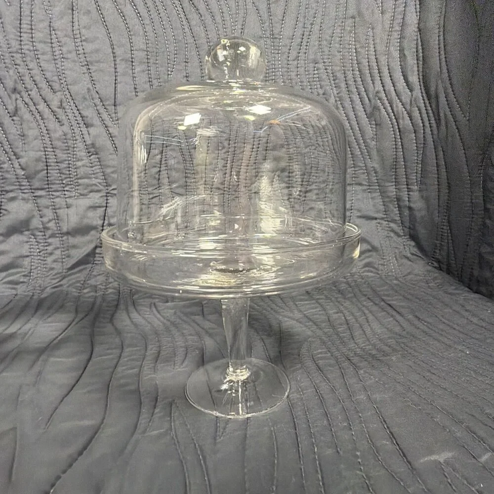 Set of 3 Clear Glass Pedestal Cake Stands w/ Domed Lids Cloches 8
